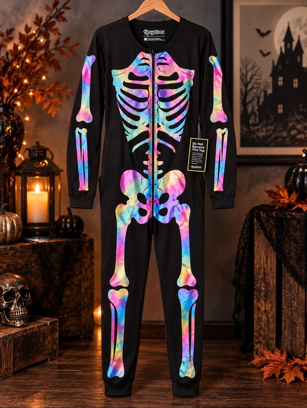 NWT Tipsy Elves Rainbow Skeleton Halloween Costume Onesie Jumpsuit L